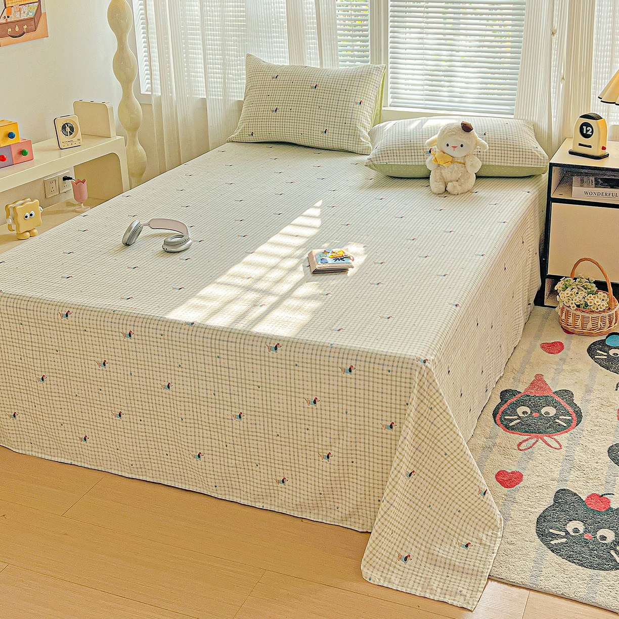 91家纺网 家纺一手货源 找家纺 格真 2025新款A类云感木棉皱皱双层纱床单单床单床单单品床单三件套 腊肠狗-抹茶