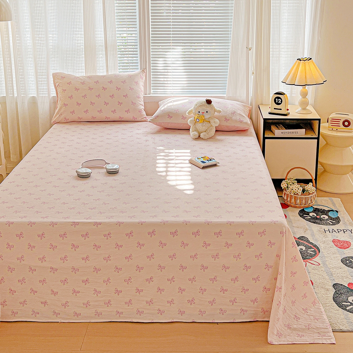 91家纺网 家纺一手货源 找家纺 格真 2025新款A类云感木棉皱皱双层纱床单单床单床单单品床单三件套 少女季