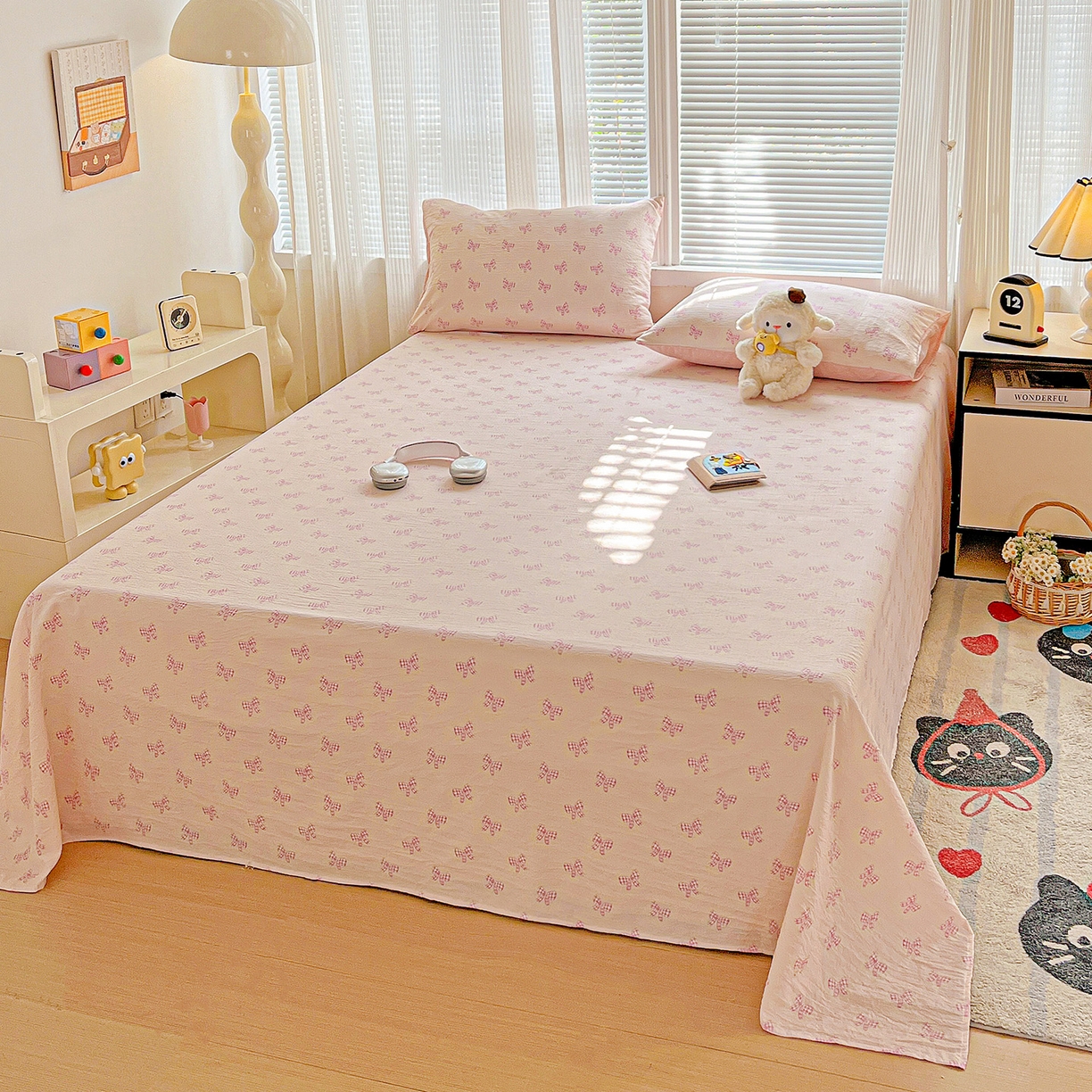 91家纺网 家纺一手货源 找家纺 格真 2025新款A类云感木棉皱皱双层纱床单单床单床单单品床单三件套 少女季