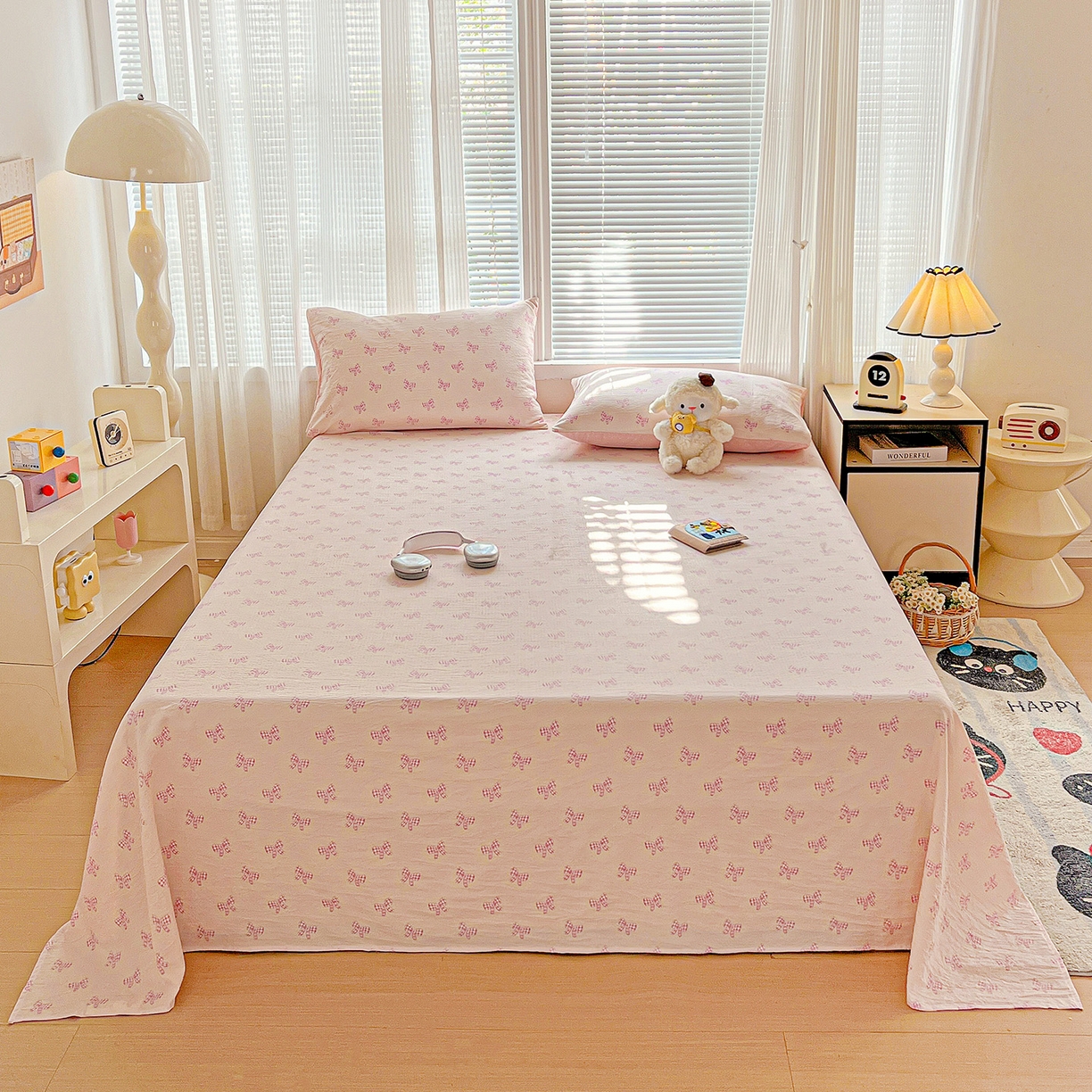 91家纺网 家纺一手货源 找家纺 格真 2025新款A类云感木棉皱皱双层纱床单单床单床单单品床单三件套 少女季