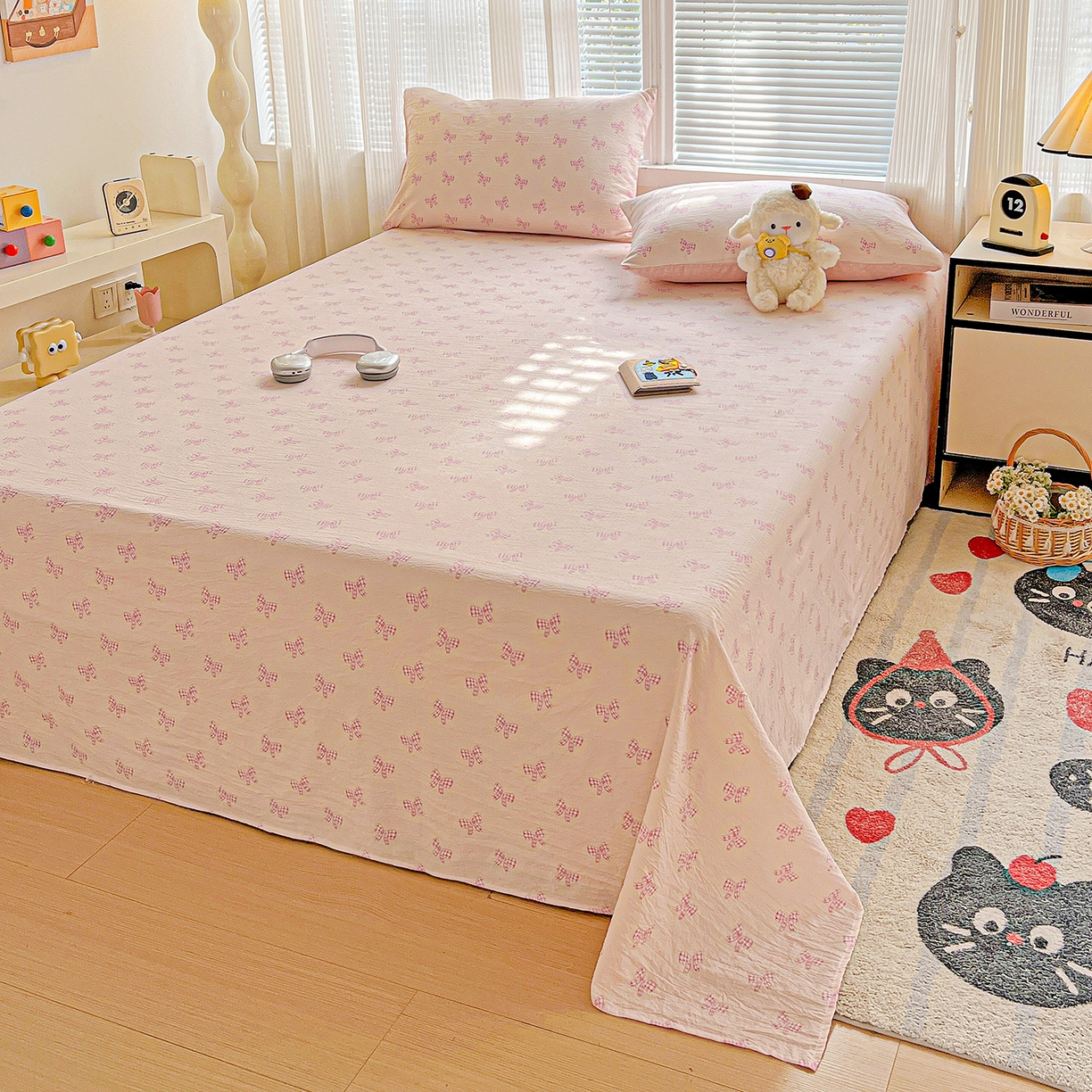 91家纺网 家纺一手货源 找家纺 格真 2025新款A类云感木棉皱皱双层纱床单单床单床单单品床单三件套 少女季