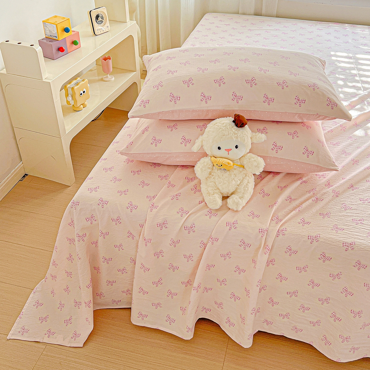 91家纺网 家纺一手货源 找家纺 格真 2025新款A类云感木棉皱皱双层纱床单单床单床单单品床单三件套 少女季