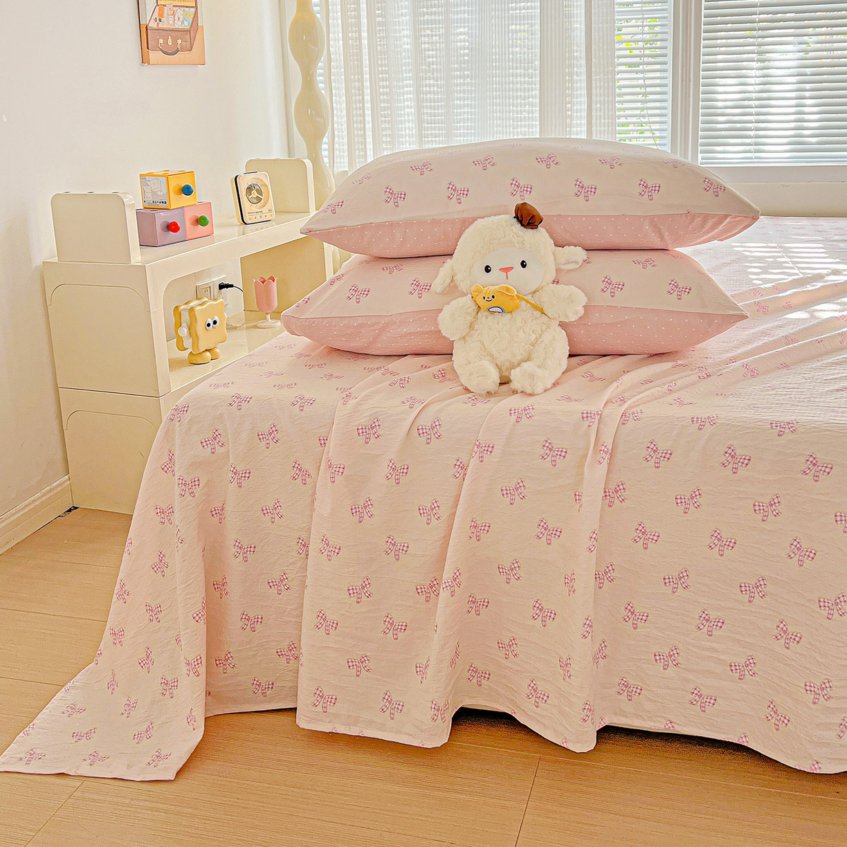 91家纺网 家纺一手货源 找家纺 格真 2025新款A类云感木棉皱皱双层纱床单单床单床单单品床单三件套 少女季