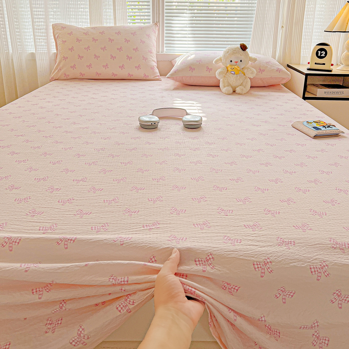 91家纺网 家纺一手货源 找家纺 格真 2025新款A类云感木棉皱皱双层纱床单单床单床单单品床单三件套 少女季