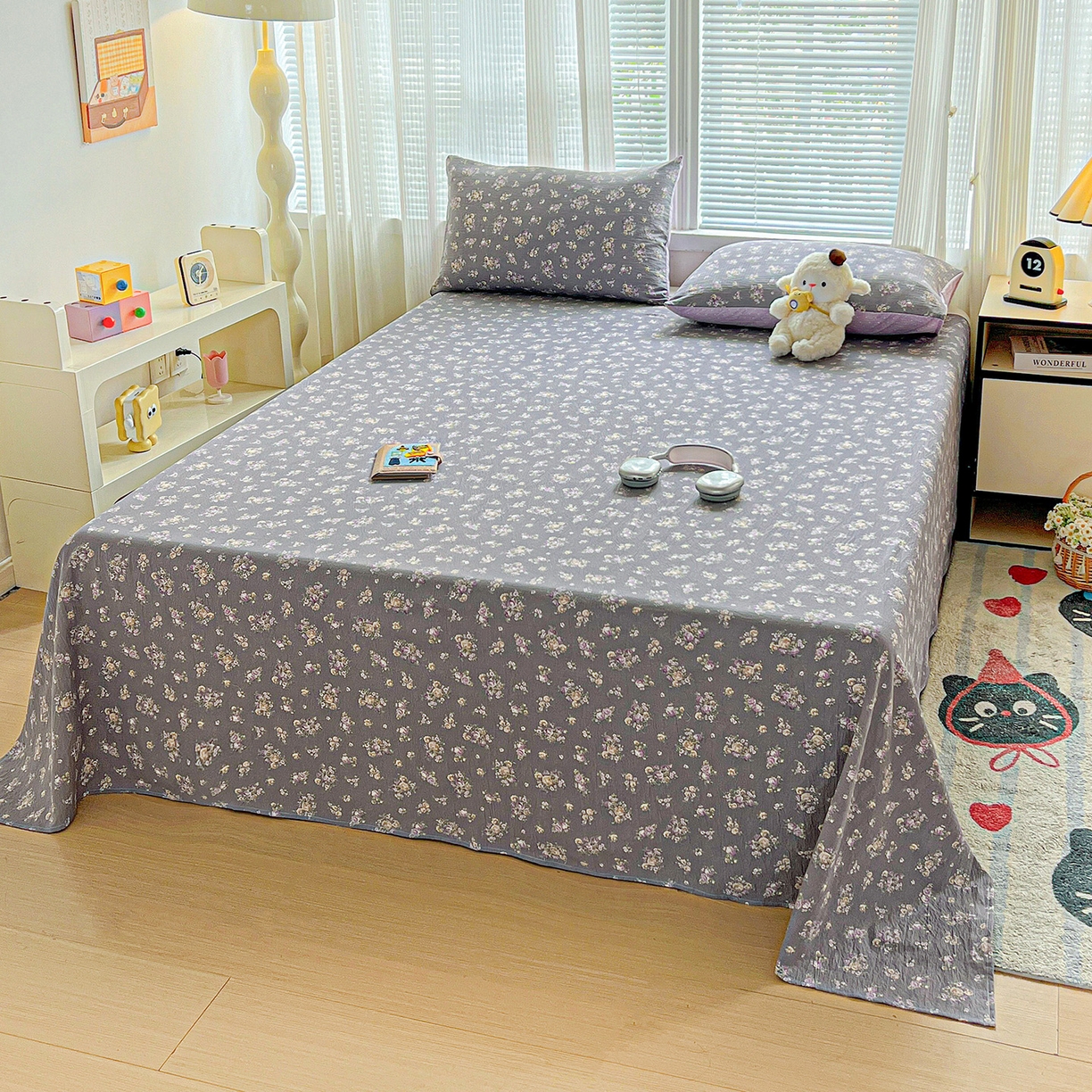 91家纺网 家纺一手货源 找家纺 格真 2025新款A类云感木棉皱皱双层纱床单单床单床单单品床单三件套 乌木沉香