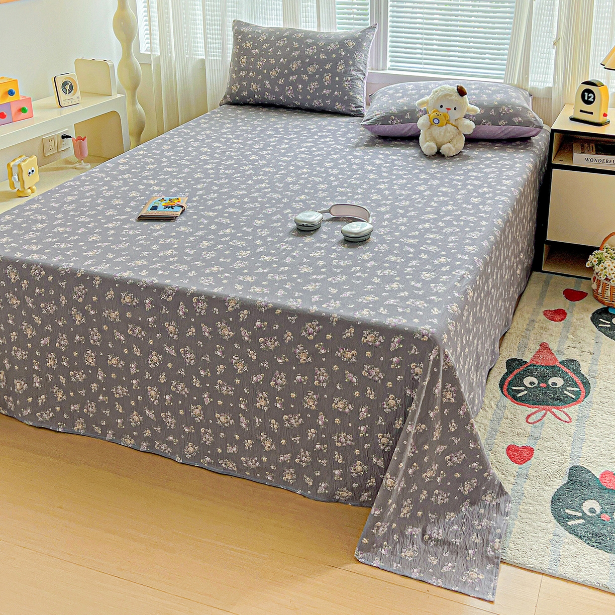 91家纺网 家纺一手货源 找家纺 格真 2025新款A类云感木棉皱皱双层纱床单单床单床单单品床单三件套 乌木沉香