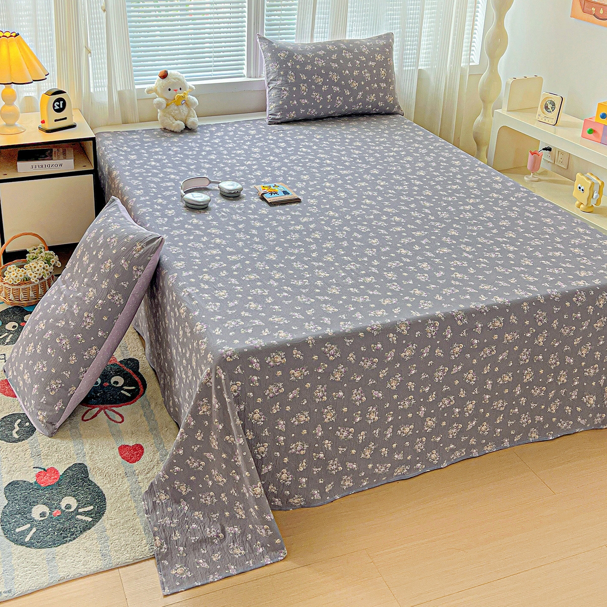 91家纺网 家纺一手货源 找家纺 格真 2025新款A类云感木棉皱皱双层纱床单单床单床单单品床单三件套 乌木沉香