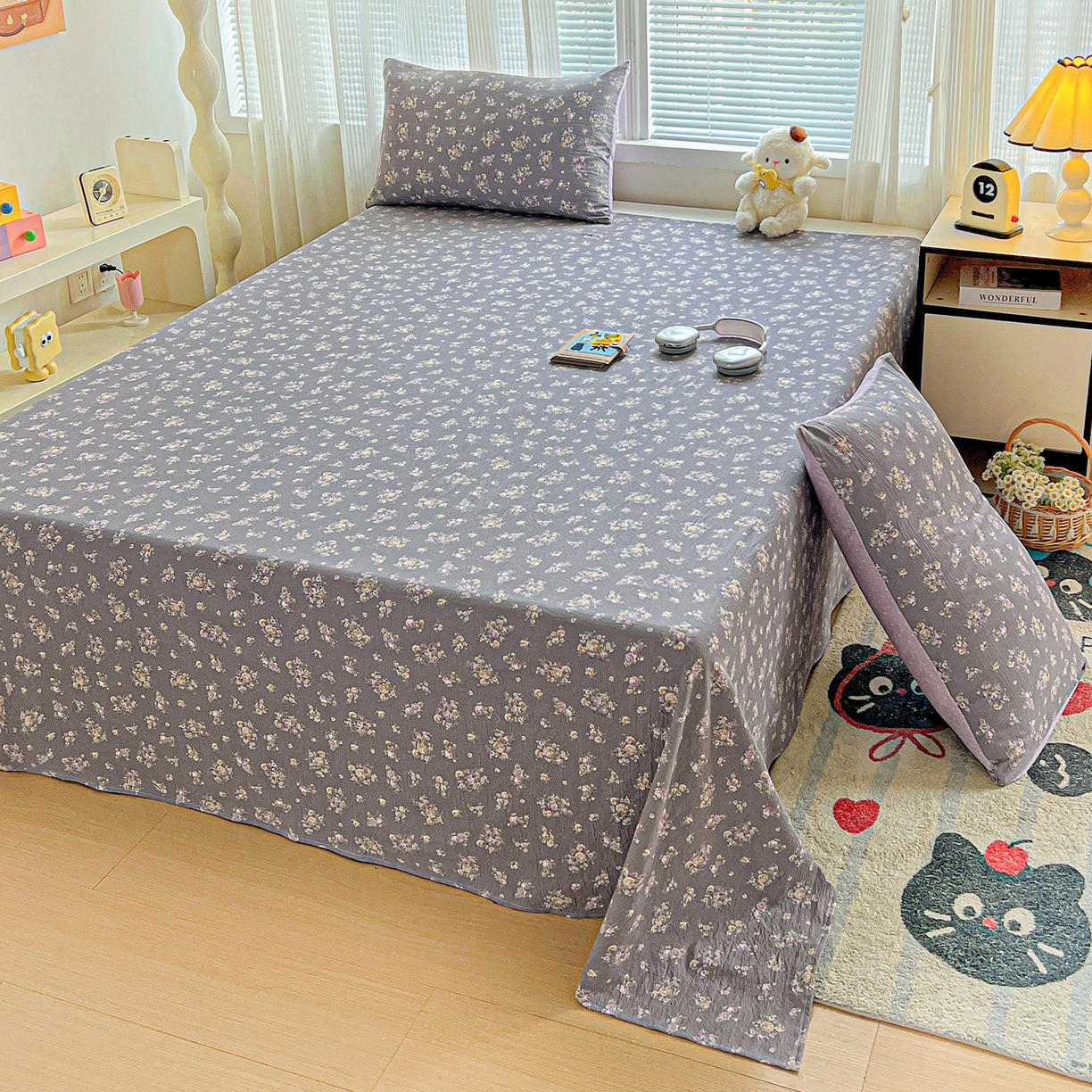 91家纺网 家纺一手货源 找家纺 格真 2025新款A类云感木棉皱皱双层纱床单单床单床单单品床单三件套 乌木沉香