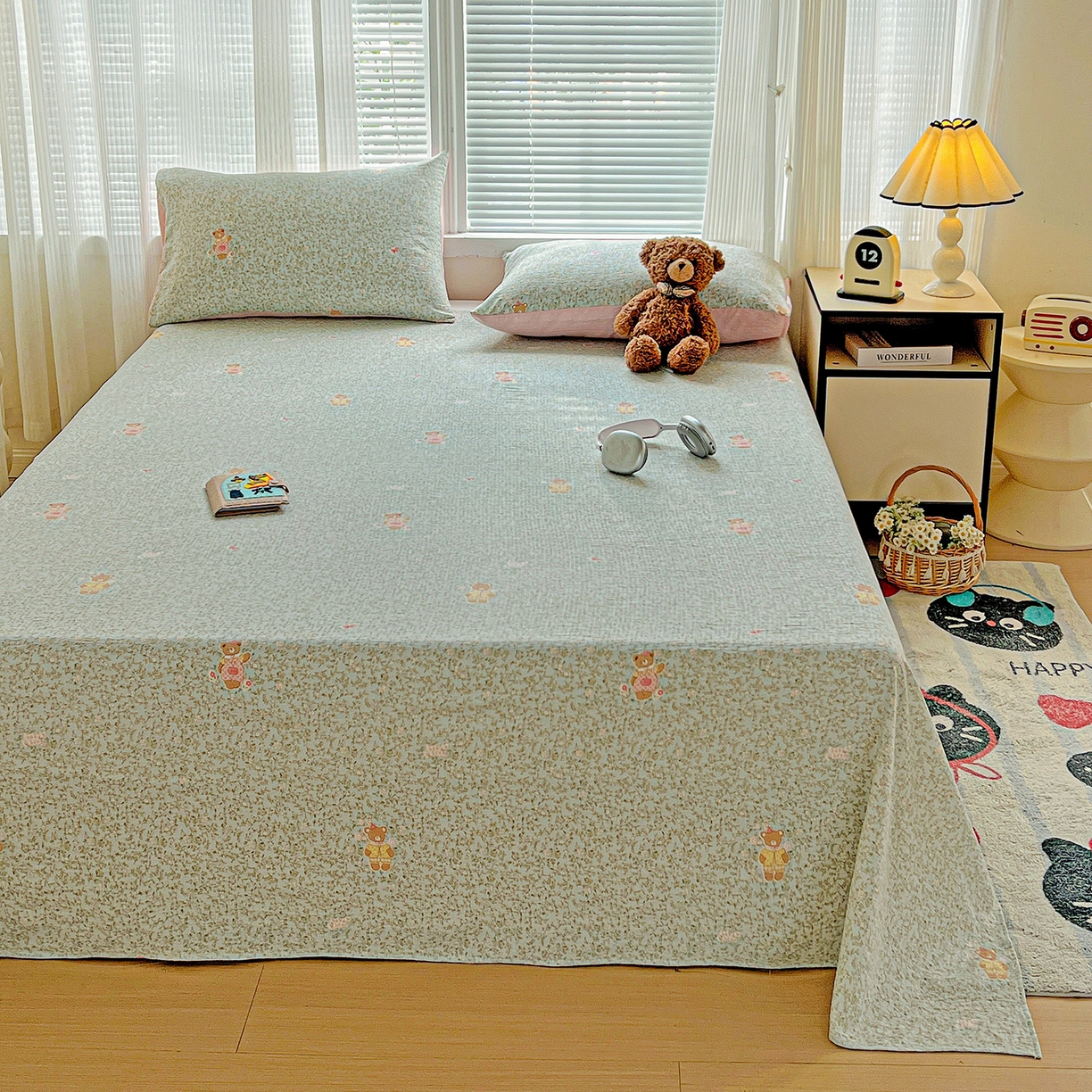 91家纺网 家纺一手货源 找家纺 格真 2025新款A类云感木棉皱皱双层纱床单单床单床单单品床单三件套 香草熊