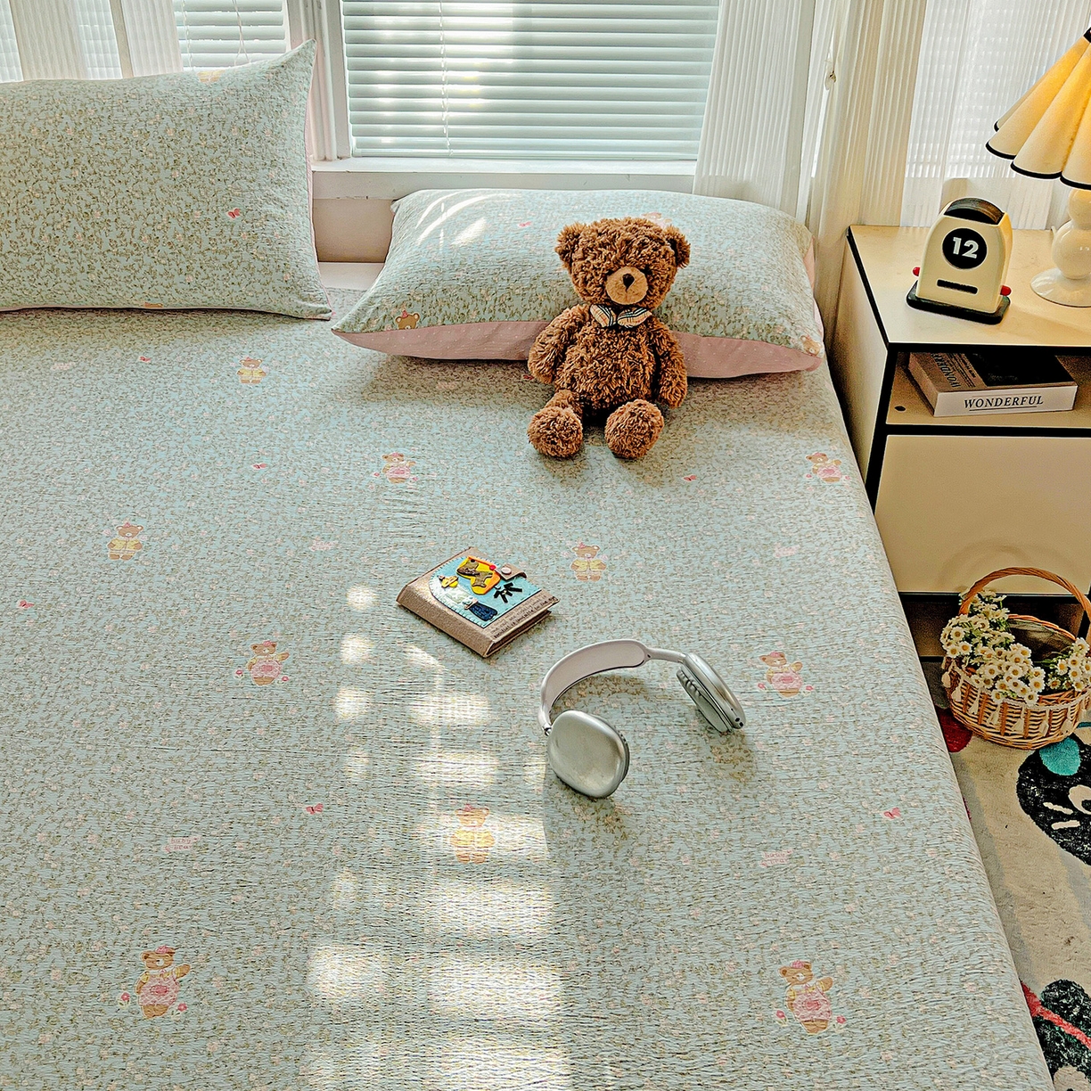 91家纺网 家纺一手货源 找家纺 格真 2025新款A类云感木棉皱皱双层纱床单单床单床单单品床单三件套 香草熊