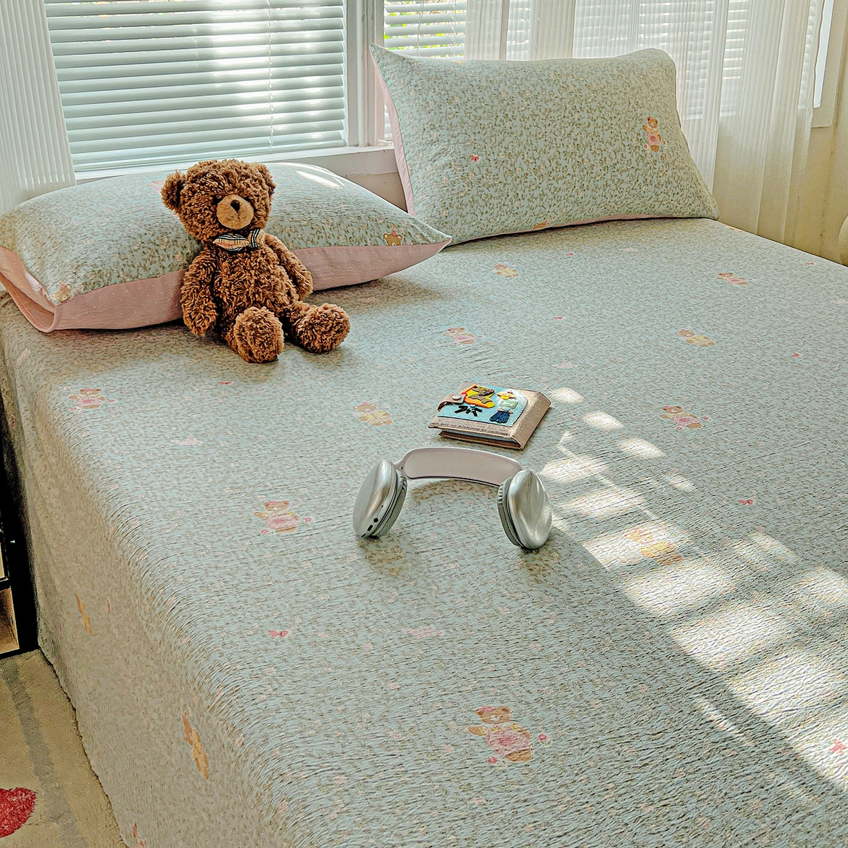 91家纺网 家纺一手货源 找家纺 格真 2025新款A类云感木棉皱皱双层纱床单单床单床单单品床单三件套 香草熊