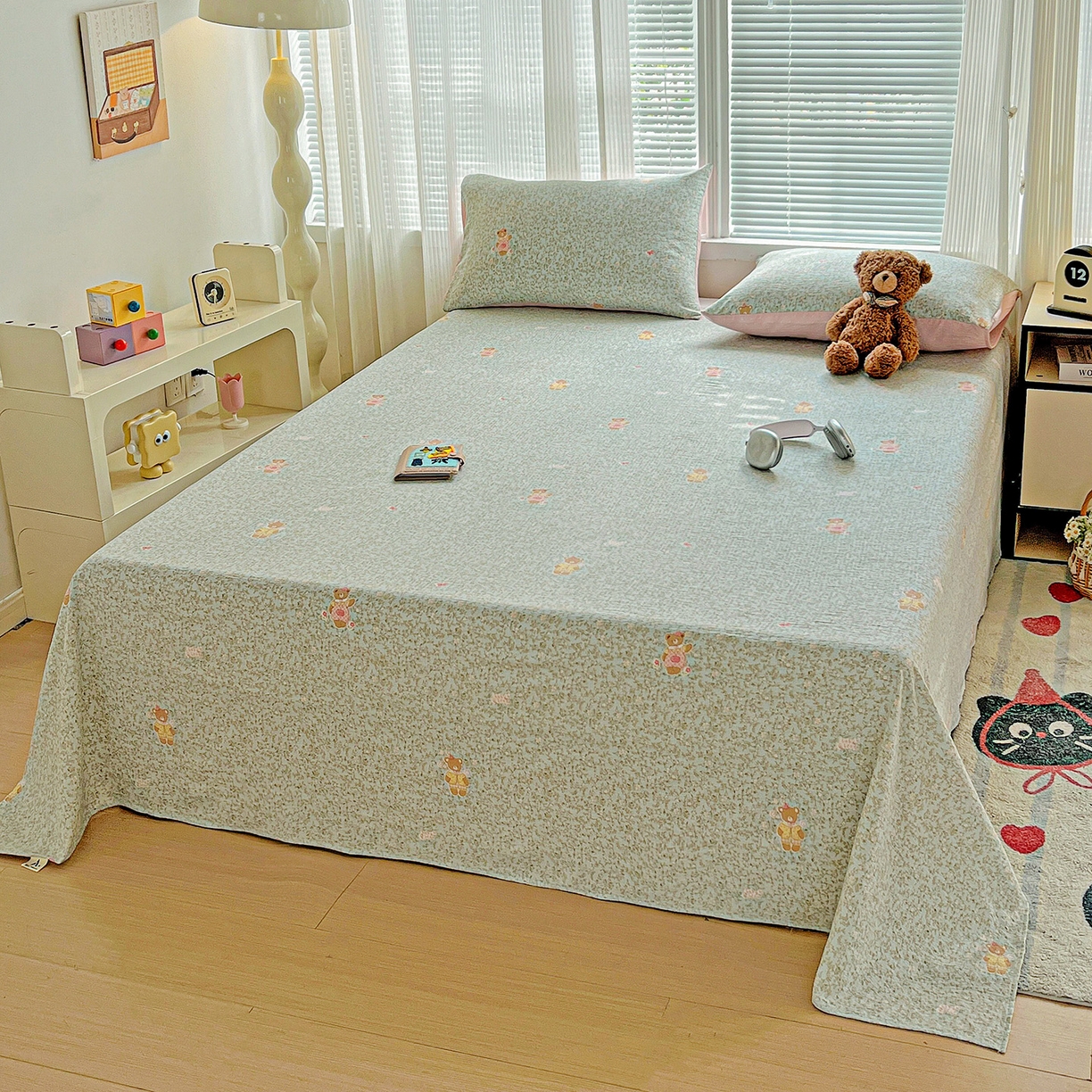 91家纺网 家纺一手货源 找家纺 格真 2025新款A类云感木棉皱皱双层纱床单单床单床单单品床单三件套 香草熊