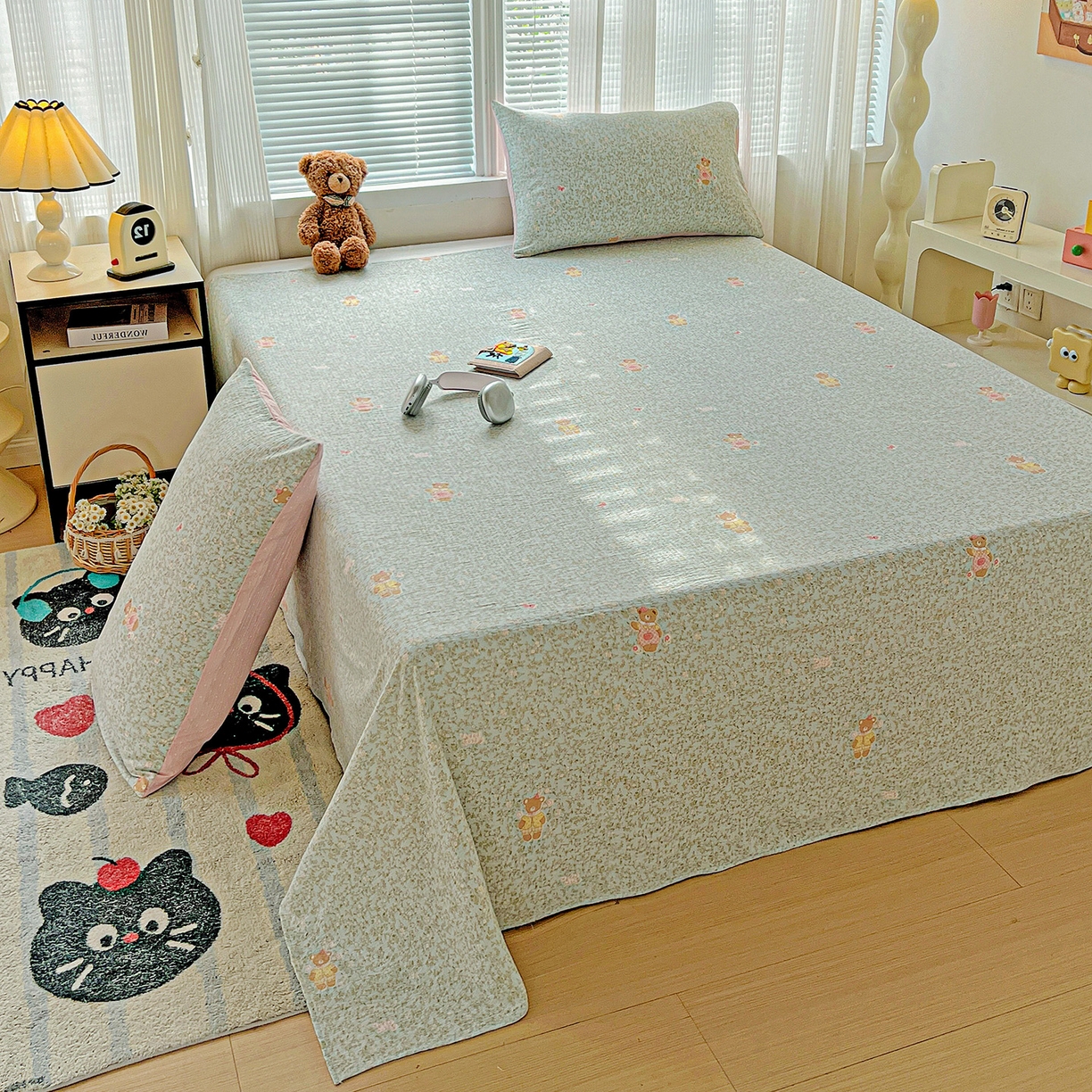 91家纺网 家纺一手货源 找家纺 格真 2025新款A类云感木棉皱皱双层纱床单单床单床单单品床单三件套 香草熊