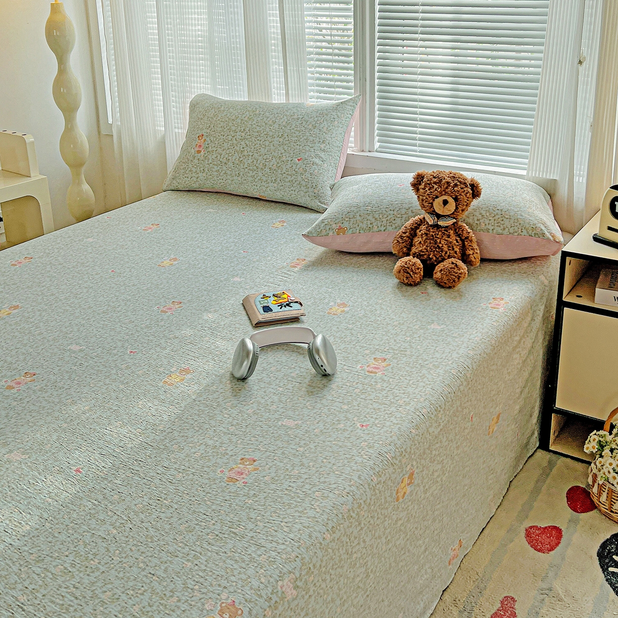 91家纺网 家纺一手货源 找家纺 格真 2025新款A类云感木棉皱皱双层纱床单单床单床单单品床单三件套 香草熊