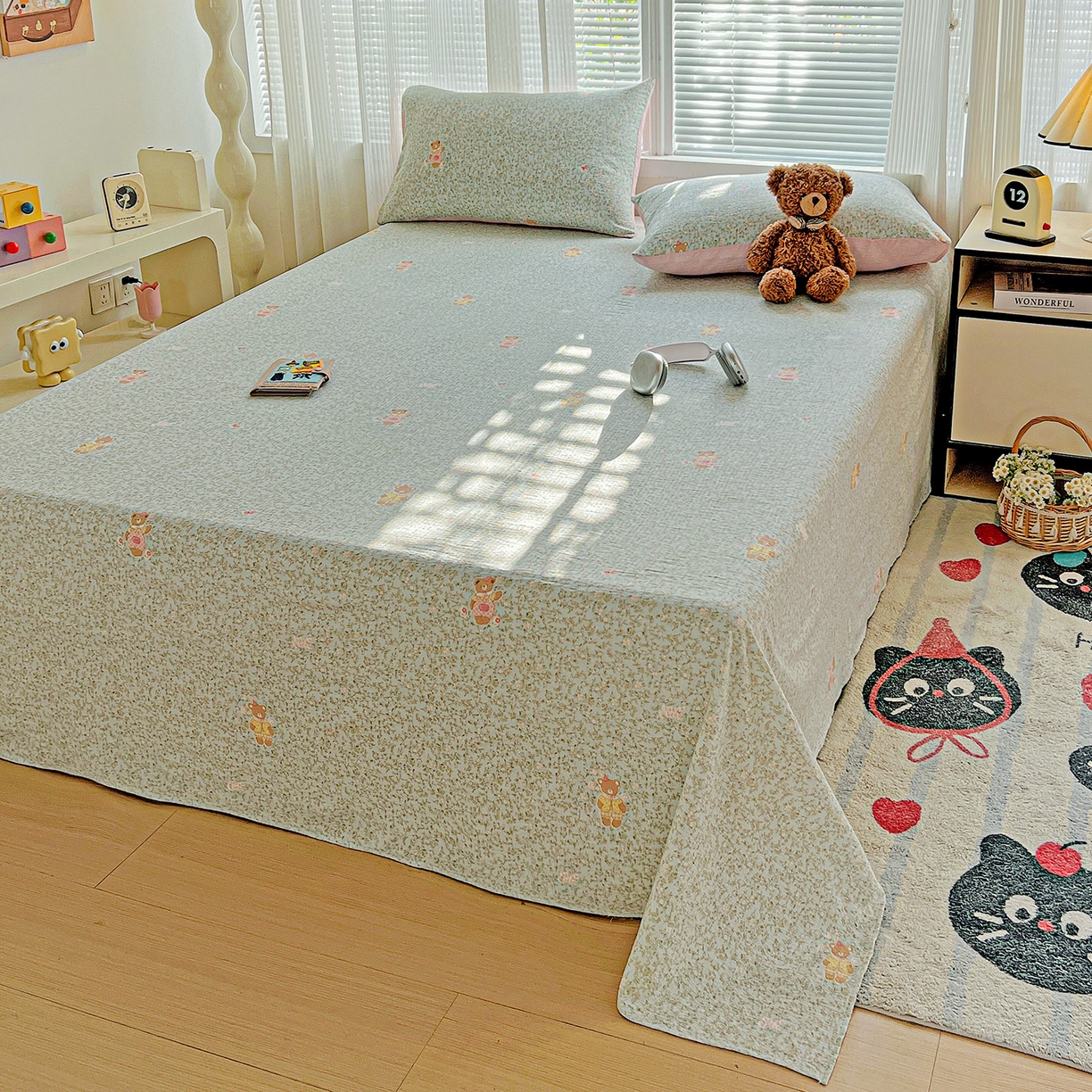 91家纺网 家纺一手货源 找家纺 格真 2025新款A类云感木棉皱皱双层纱床单单床单床单单品床单三件套 香草熊