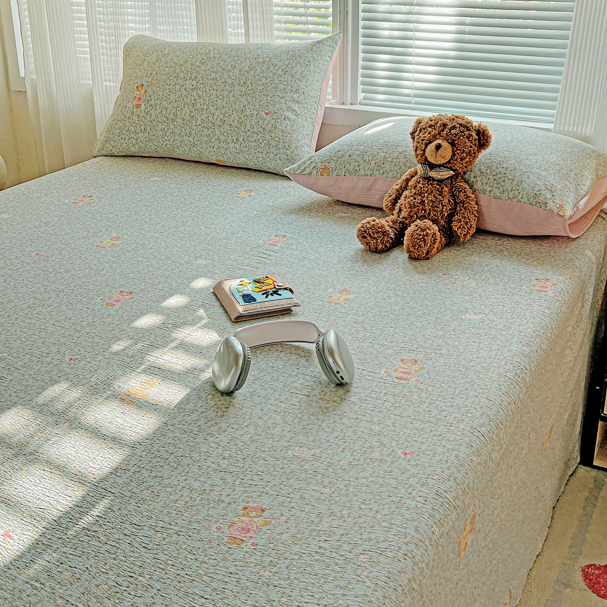 91家纺网 家纺一手货源 找家纺 格真 2025新款A类云感木棉皱皱双层纱床单单床单床单单品床单三件套 香草熊