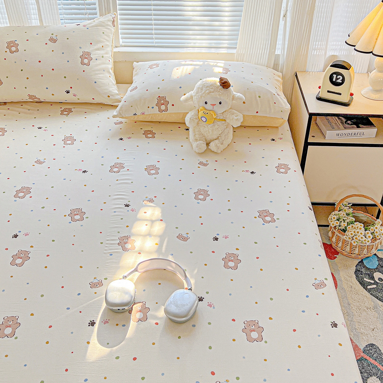 91家纺网 家纺一手货源 找家纺 格真 2025新款A类云感木棉皱皱双层纱床单单床单床单单品床单三件套 熊可爱