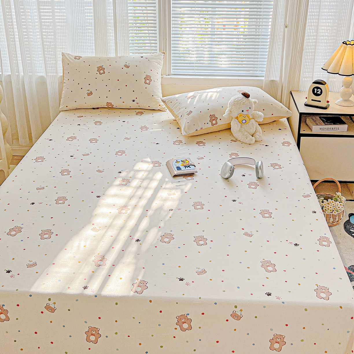 91家纺网 家纺一手货源 找家纺 格真 2025新款A类云感木棉皱皱双层纱床单单床单床单单品床单三件套 熊可爱