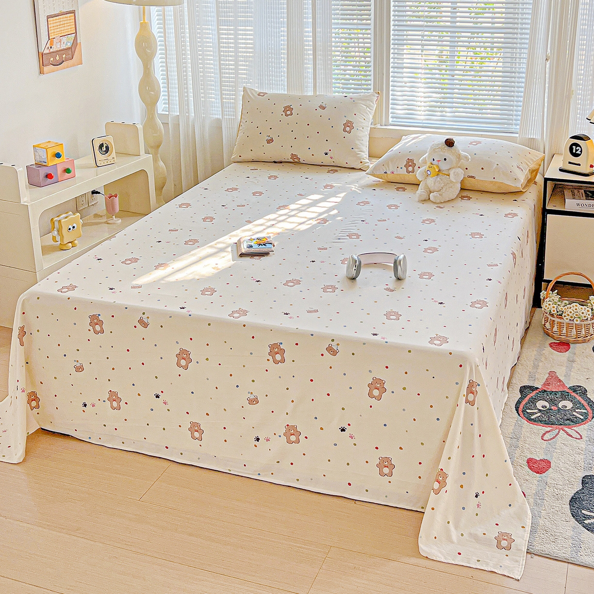 91家纺网 家纺一手货源 找家纺 格真 2025新款A类云感木棉皱皱双层纱床单单床单床单单品床单三件套 熊可爱