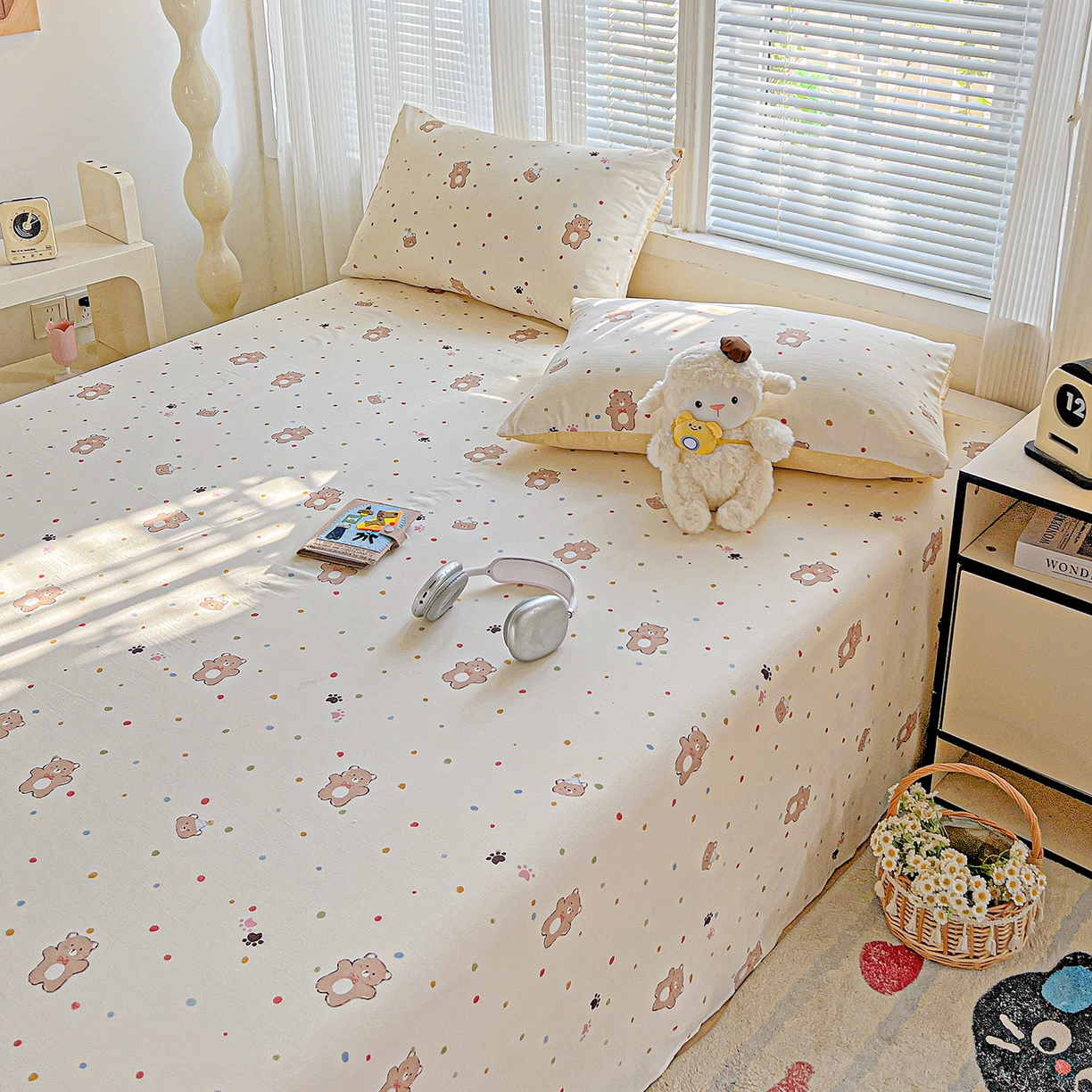 91家纺网 家纺一手货源 找家纺 格真 2025新款A类云感木棉皱皱双层纱床单单床单床单单品床单三件套 熊可爱