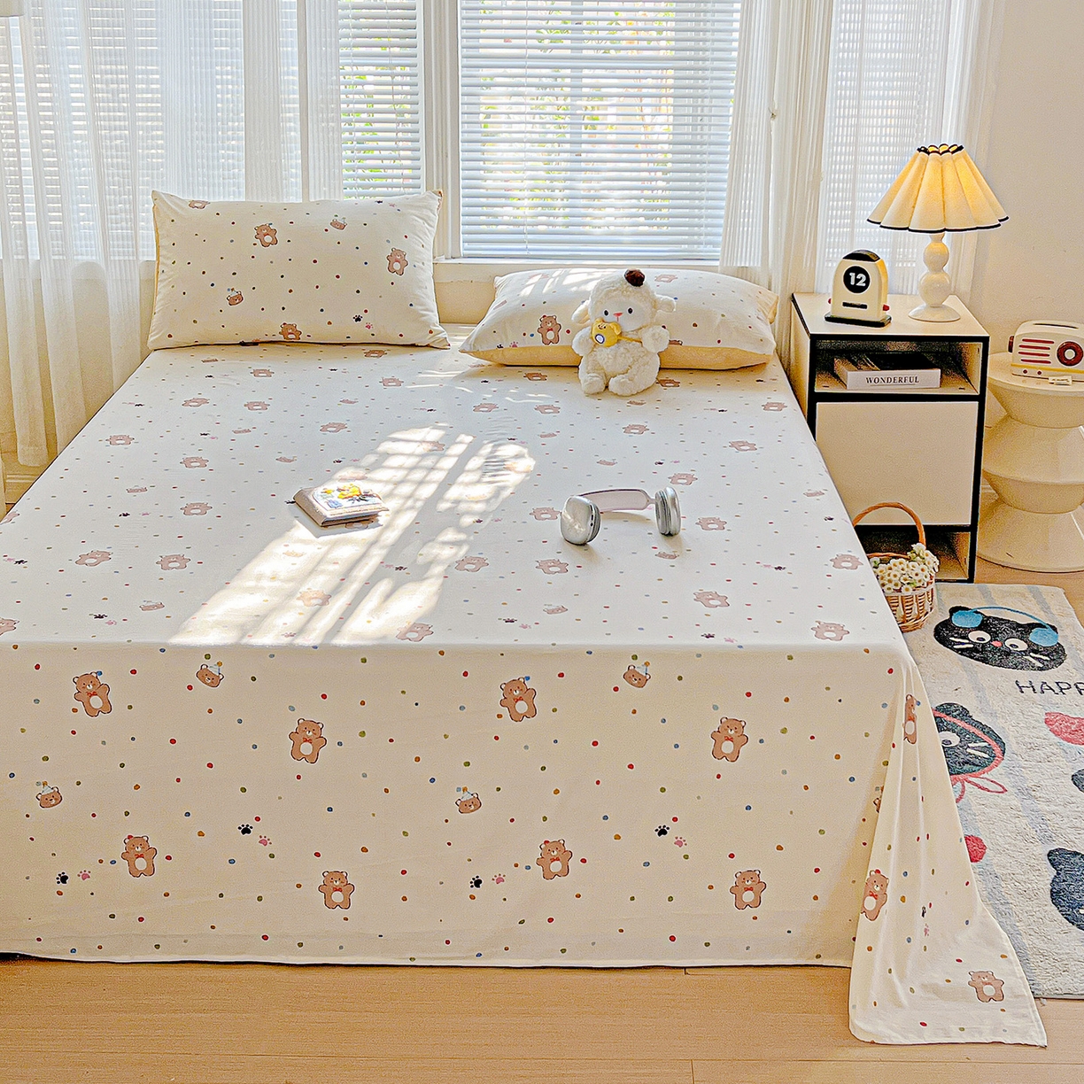 91家纺网 家纺一手货源 找家纺 格真 2025新款A类云感木棉皱皱双层纱床单单床单床单单品床单三件套 熊可爱