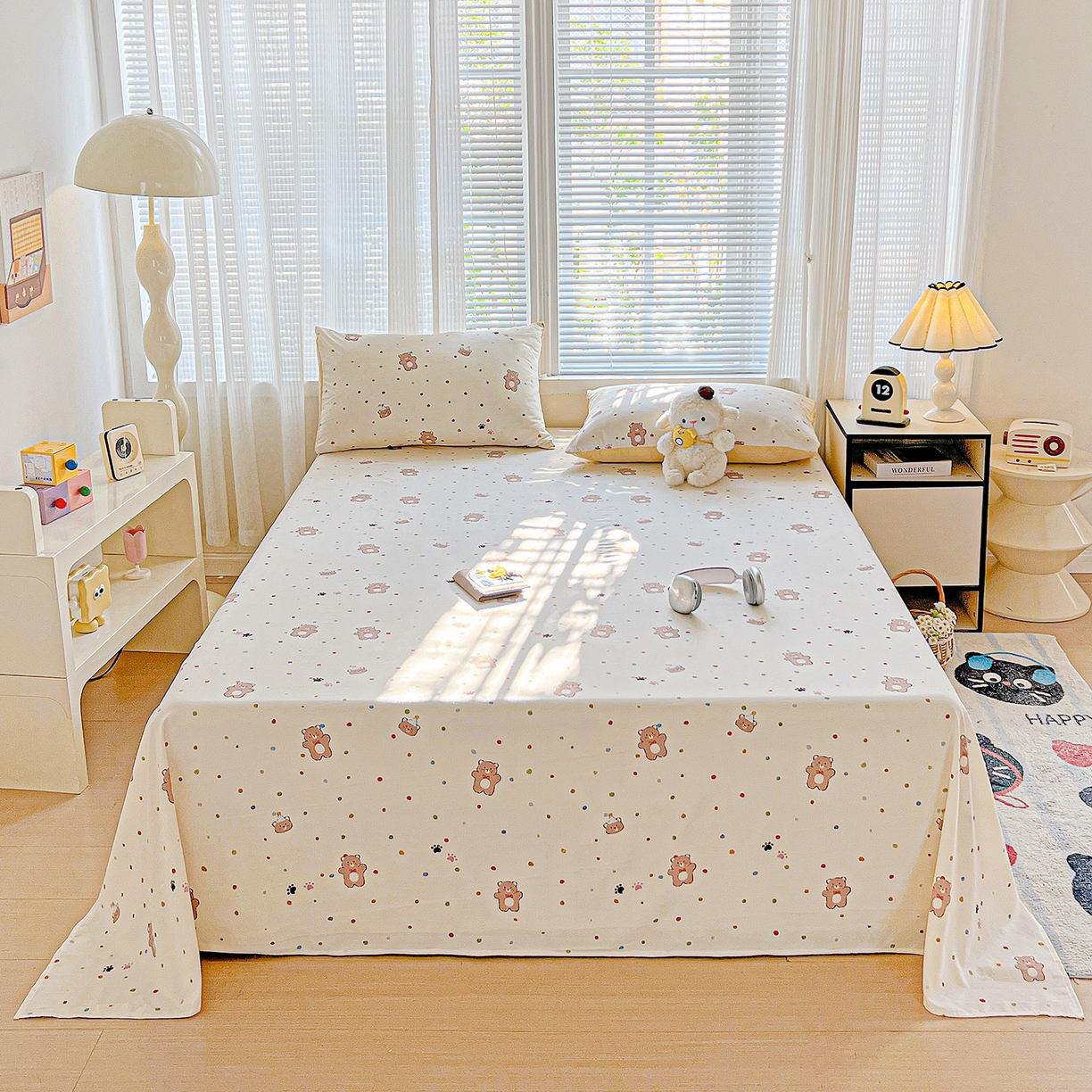 91家纺网 家纺一手货源 找家纺 格真 2025新款A类云感木棉皱皱双层纱床单单床单床单单品床单三件套 熊可爱