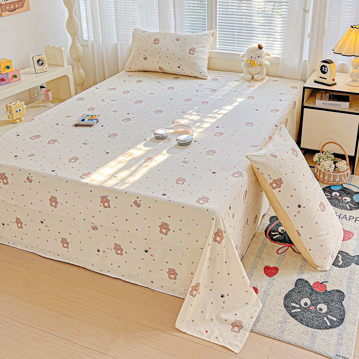 91家纺网 家纺一手货源 找家纺 格真 2025新款A类云感木棉皱皱双层纱床单单床单床单单品床单三件套 熊可爱