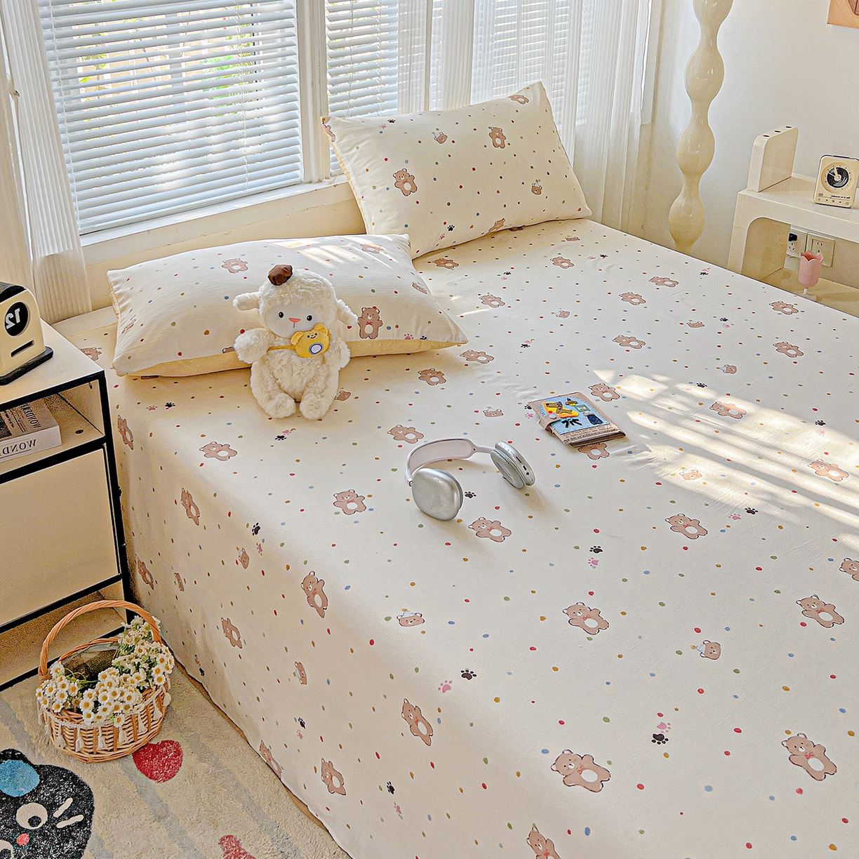 91家纺网 家纺一手货源 找家纺 格真 2025新款A类云感木棉皱皱双层纱床单单床单床单单品床单三件套 熊可爱