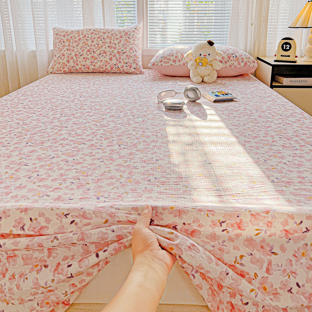 91家纺网 家纺一手货源 找家纺 格真 2025新款A类云感木棉皱皱双层纱床单单床单床单单品床单三件套 嫣然