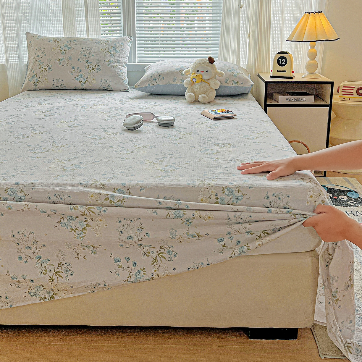 91家纺网 家纺一手货源 找家纺 格真 2025新款A类云感木棉皱皱双层纱床单单床单床单单品床单三件套 长相思兰