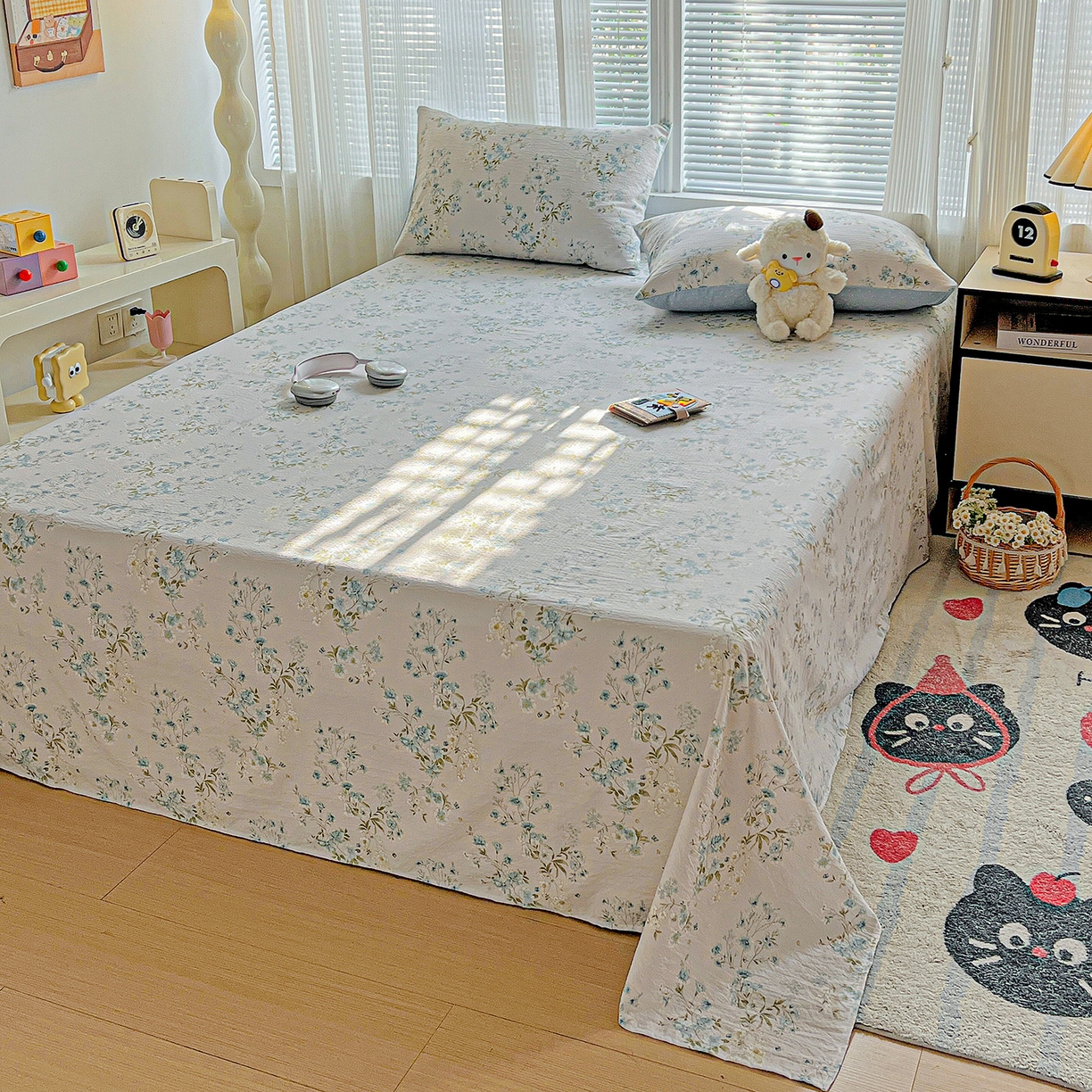 91家纺网 家纺一手货源 找家纺 格真 2025新款A类云感木棉皱皱双层纱床单单床单床单单品床单三件套 长相思兰