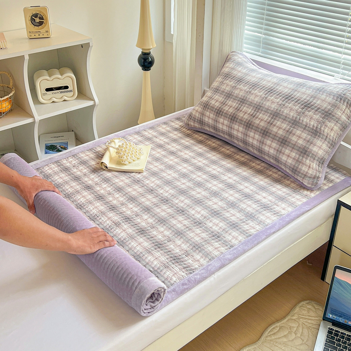 91家纺网 家纺一手货源 找家纺 乐野家居 2025新款开学季 A类全棉水洗棉+宝宝绒学生床盖三件套（多功能被套） 可可紫