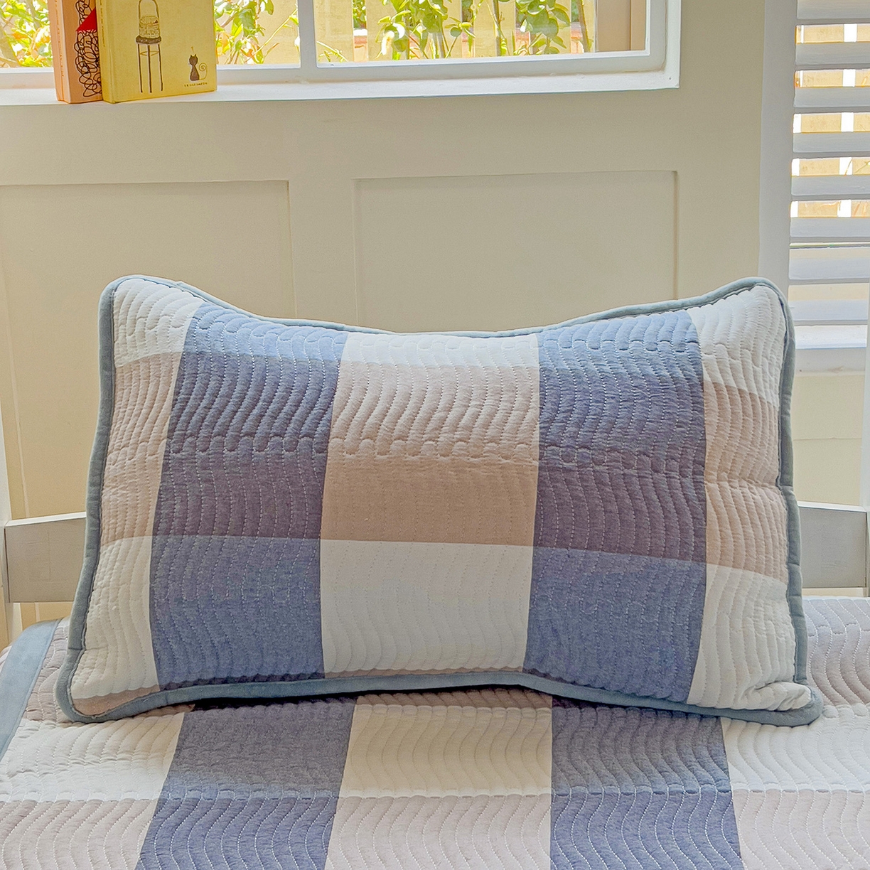 91家纺网 家纺一手货源 找家纺 乐野家居 2025新款开学季 A类全棉水洗棉+宝宝绒学生床盖三件套（多功能被套） 蓝大格