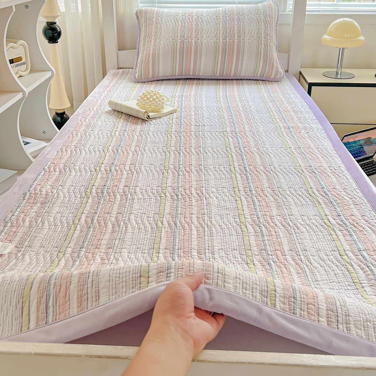 91家纺网 家纺一手货源 找家纺 乐野家居 2025新款开学季 A类全棉水洗棉+宝宝绒学生床盖三件套（多功能被套） 甜心紫