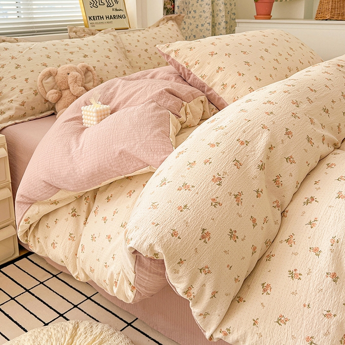 91家纺网 家纺一手货源 找家纺  一比一 2025新款古法水洗棉小布袋高克重云柔棉四件套 晴天