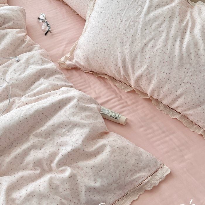 荣轩2025新款全棉双层纱镂空花边工艺款四件套（铺床版） 花漾-粉
