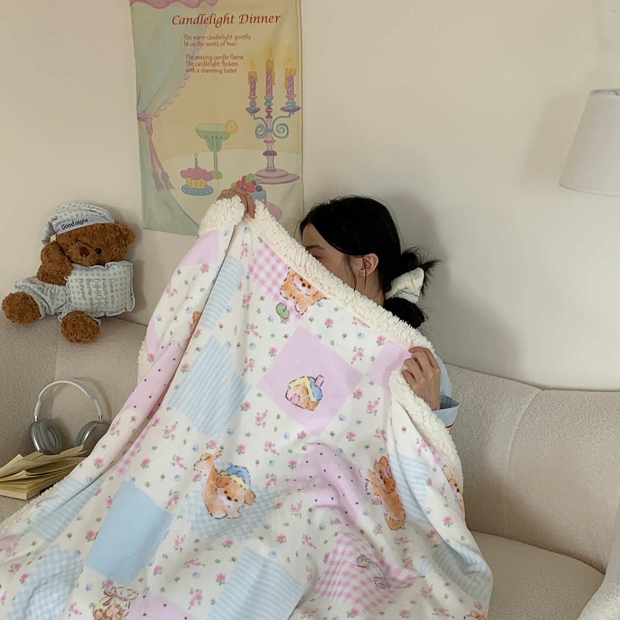 91家纺网 家纺一手货源 找家纺 桃喜 2025新款牛奶绒羊羔绒毛毯 羊羔绒-格子碎花狗