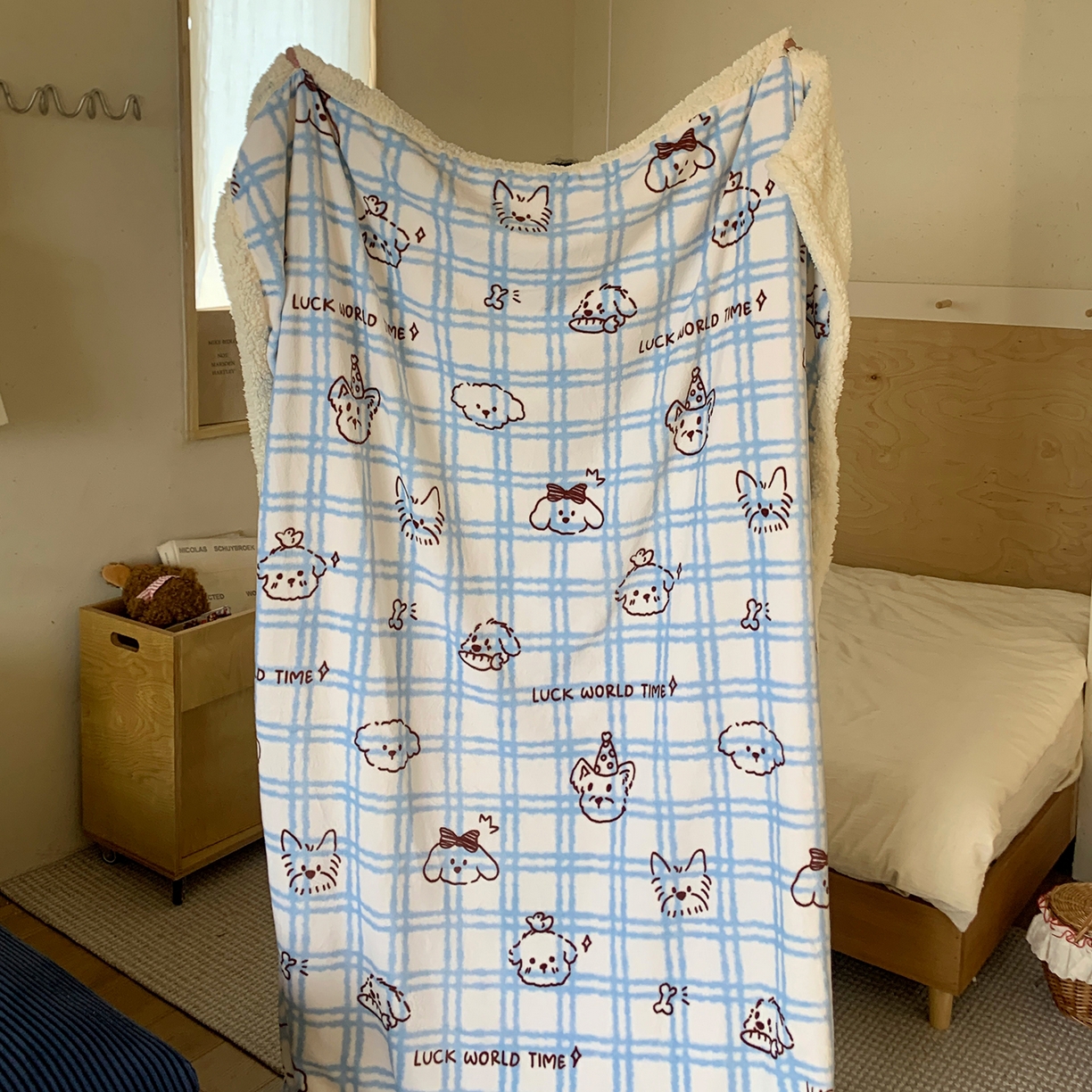 桃喜 2025新款牛奶绒羊羔绒毛毯 羊羔绒-蓝格线条狗