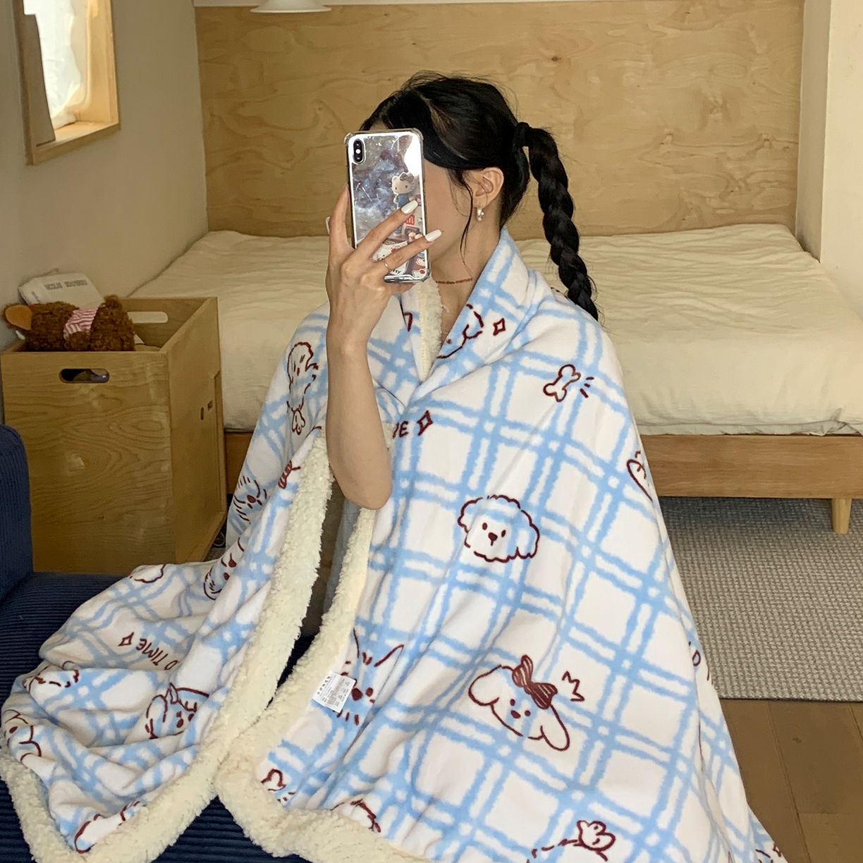 91家纺网 家纺一手货源 找家纺 桃喜 2025新款牛奶绒羊羔绒毛毯 羊羔绒-蓝格线条狗