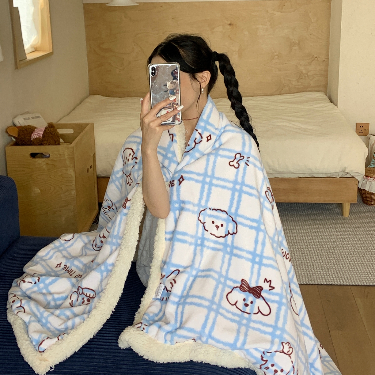 91家纺网 家纺一手货源 找家纺 桃喜 2025新款牛奶绒羊羔绒毛毯 羊羔绒-蓝格线条狗