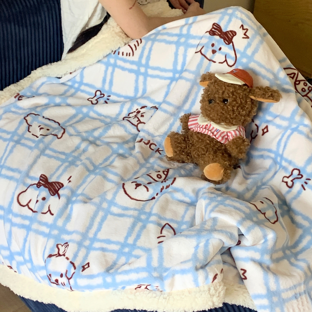 91家纺网 家纺一手货源 找家纺 桃喜 2025新款牛奶绒羊羔绒毛毯 羊羔绒-蓝格线条狗