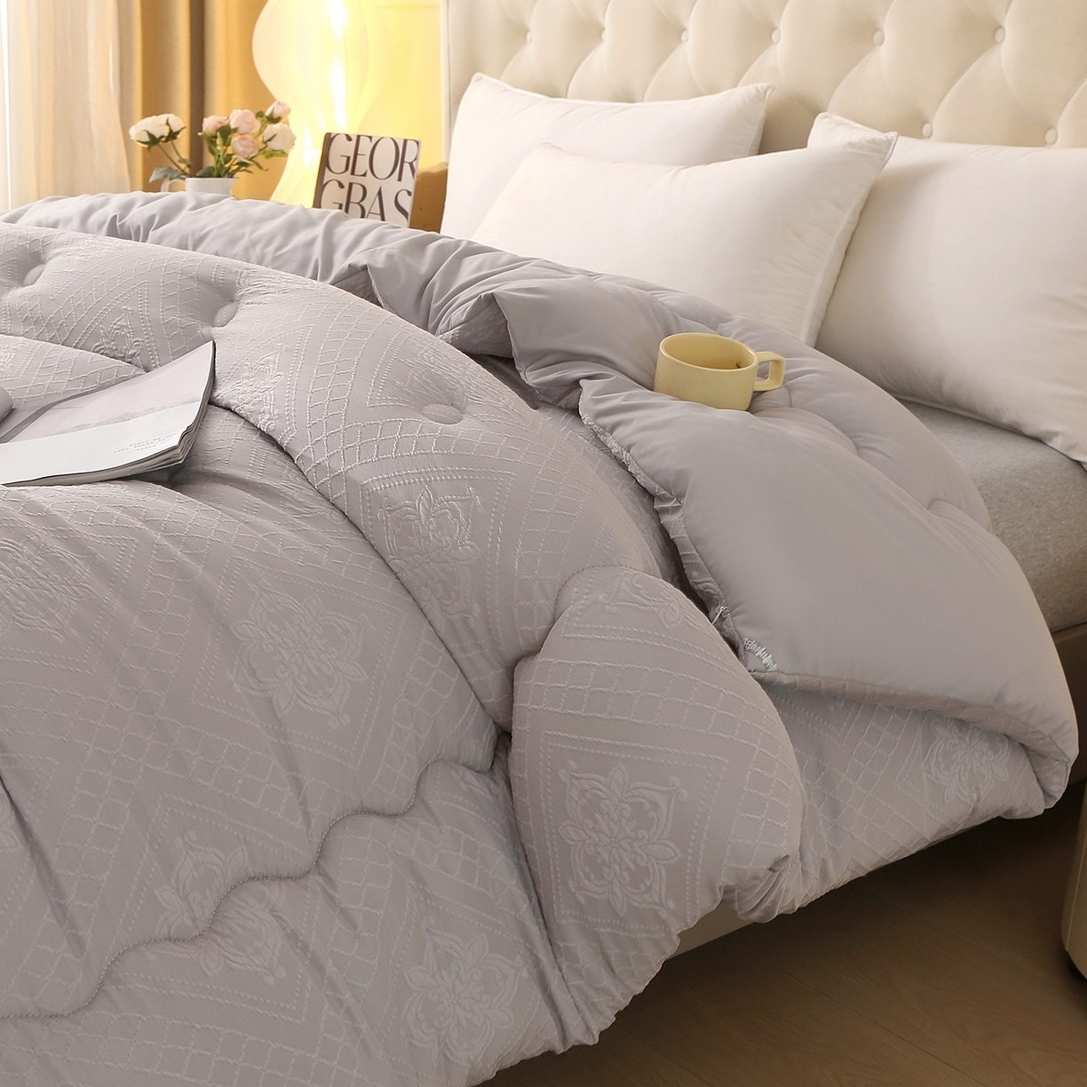 91家纺网 家纺一手货源 找家纺 金泰莱 2025新款A类针织提花羊毛被冬被被子被芯 针织提花-浅灰