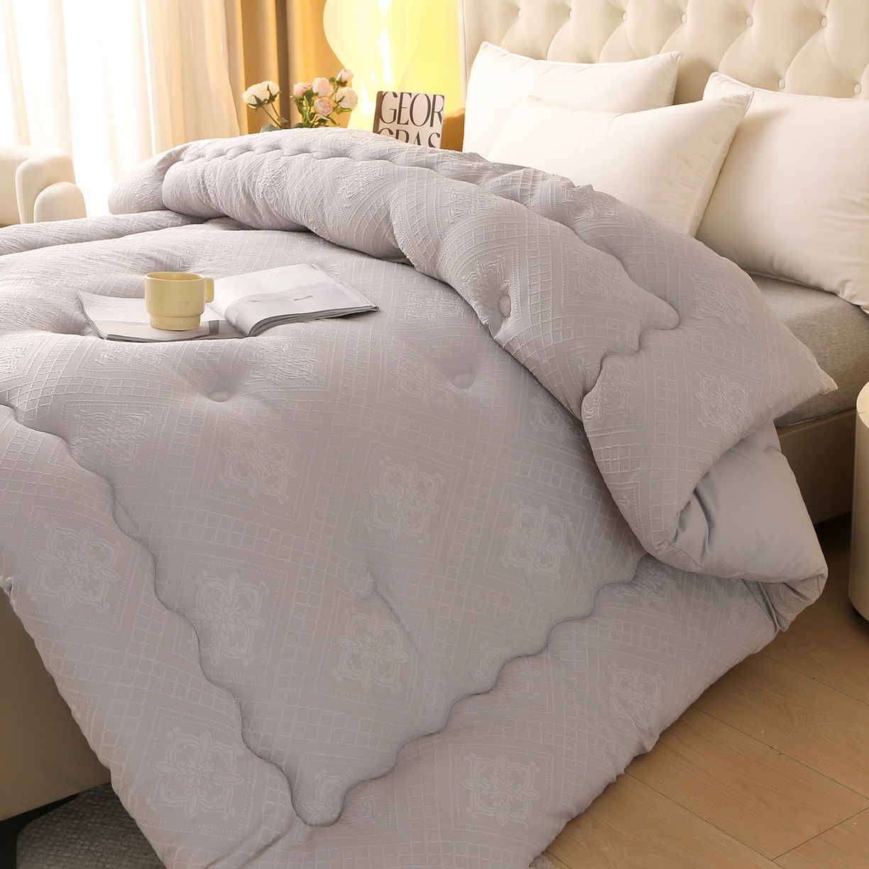 91家纺网 家纺一手货源 找家纺 金泰莱 2025新款A类针织提花羊毛被冬被被子被芯 针织提花-浅灰