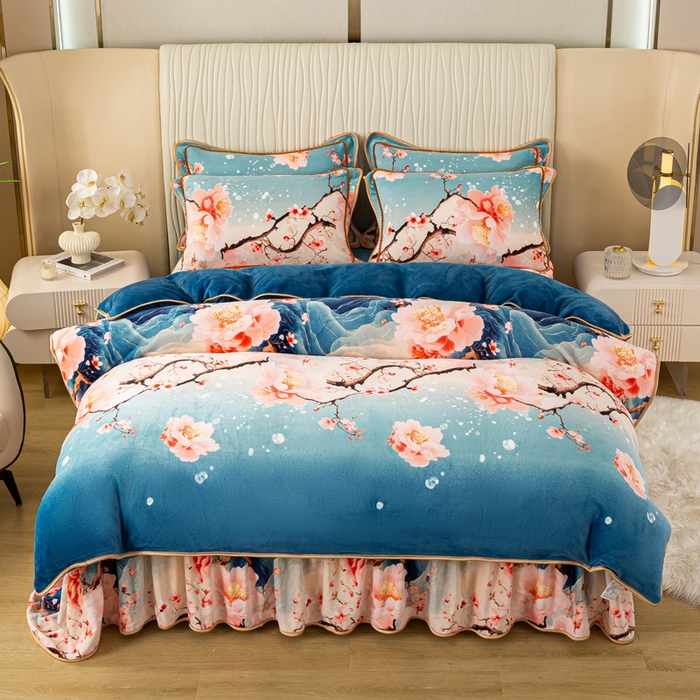 91家纺网 家纺一手货源 找家纺 念家居 2025新款高克重牛奶绒四件套保暖四件套直播爆款电商爆款 花开山间