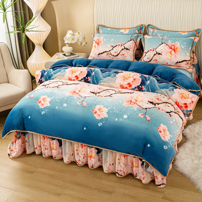 91家纺网 家纺一手货源 找家纺 念家居 2025新款高克重牛奶绒四件套保暖四件套直播爆款电商爆款 花开山间