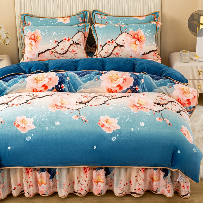 91家纺网 家纺一手货源 找家纺 念家居 2025新款高克重牛奶绒四件套保暖四件套直播爆款电商爆款 花开山间