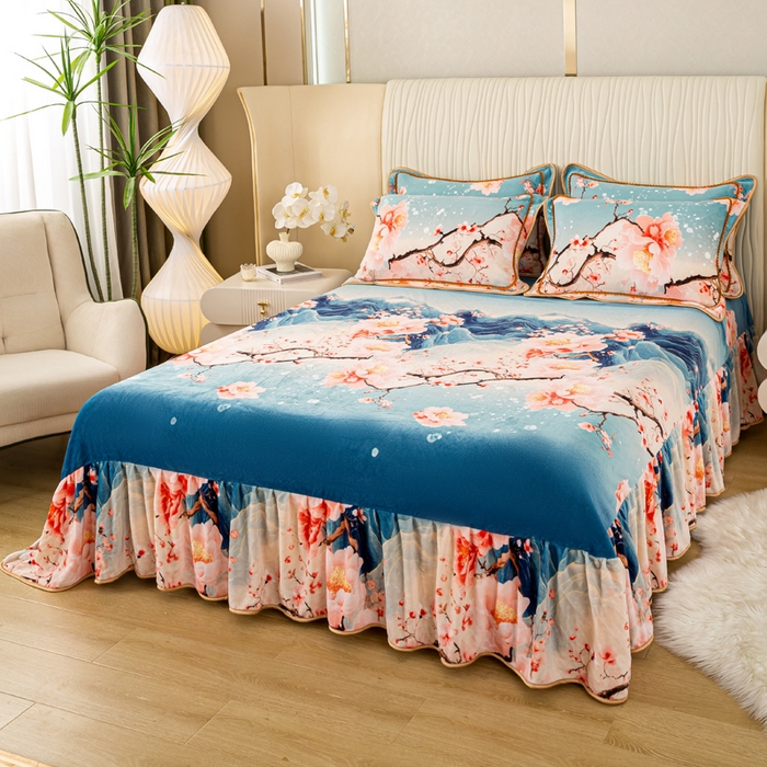 91家纺网 家纺一手货源 找家纺 念家居 2025新款高克重牛奶绒四件套保暖四件套直播爆款电商爆款 花开山间