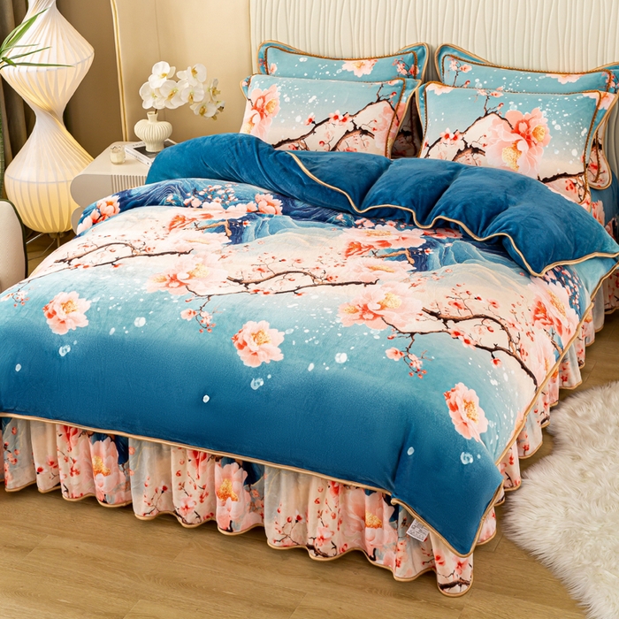 91家纺网 家纺一手货源 找家纺 念家居 2025新款高克重牛奶绒四件套保暖四件套直播爆款电商爆款 花开山间