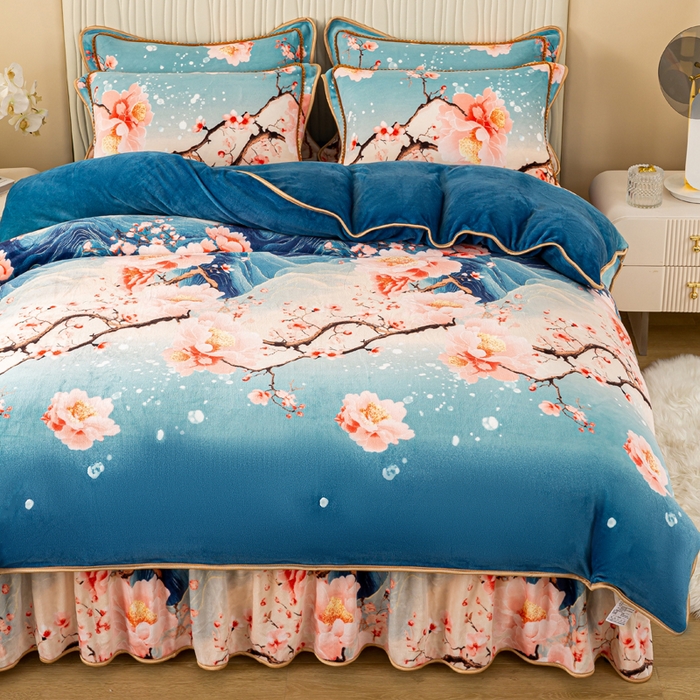 91家纺网 家纺一手货源 找家纺 念家居 2025新款高克重牛奶绒四件套保暖四件套直播爆款电商爆款 花开山间