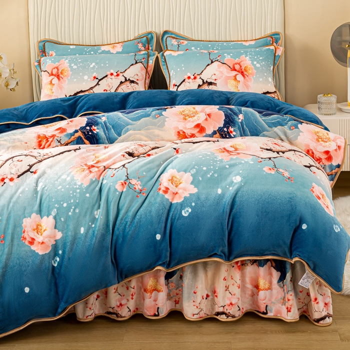 91家纺网 家纺一手货源 找家纺 念家居 2025新款高克重牛奶绒四件套保暖四件套直播爆款电商爆款 花开山间